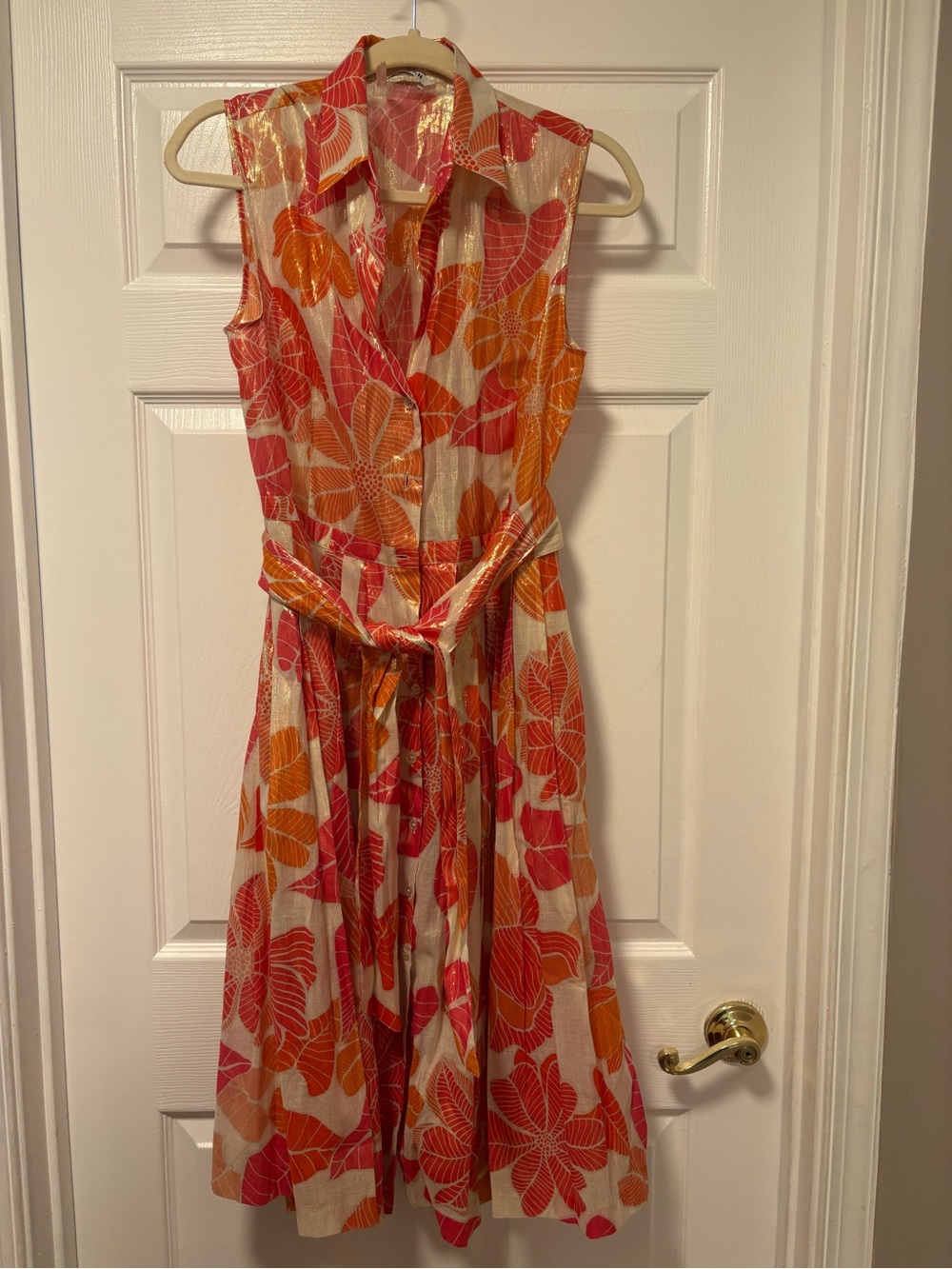 Caliban Floral Midi Dress in Coral & Orange with Self-Tie Waist